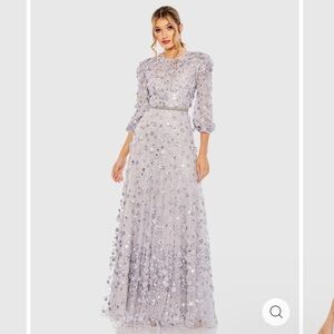 NEW MAC DUGGAL LAVENDER FLORAL APPLIQUÉ PUFF SLEEVE HIGH NECK A-LINE GOWN 10